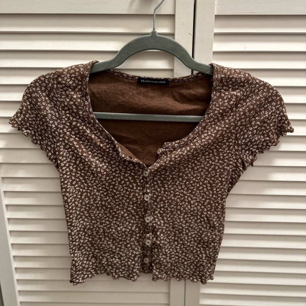 Brandy Melville - brown short sleeve crop top , mini flowers design all around.